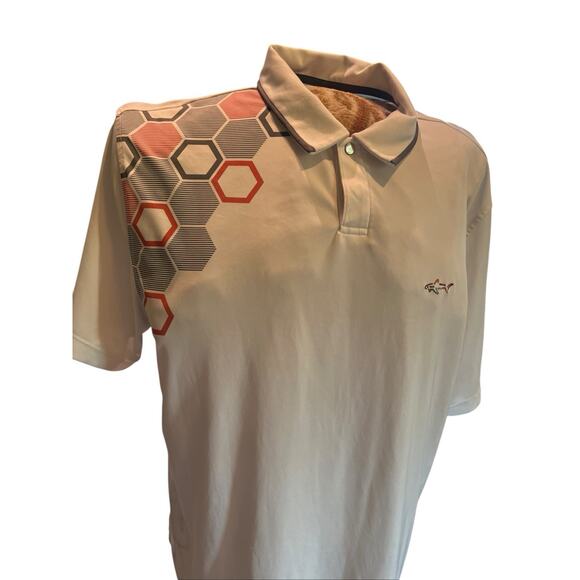 GREG NORMAN Play Dry White Gray Orange Polo shirt~Size XL~Geometric ~golf~SS - Picture 1 of 10